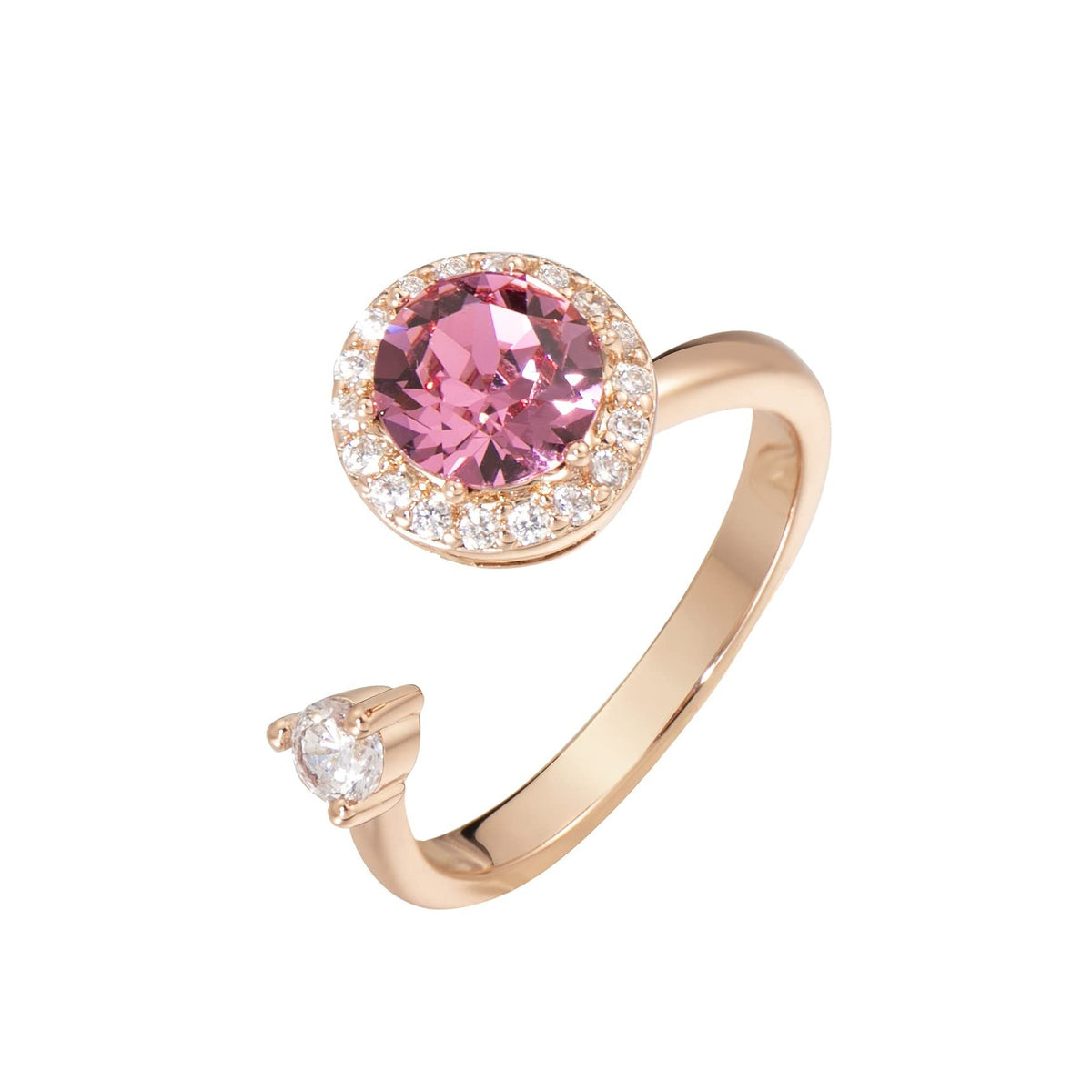 Two personalized women's birthstone rings with crystal accents, open design, suitable for fashion and matching accessories.