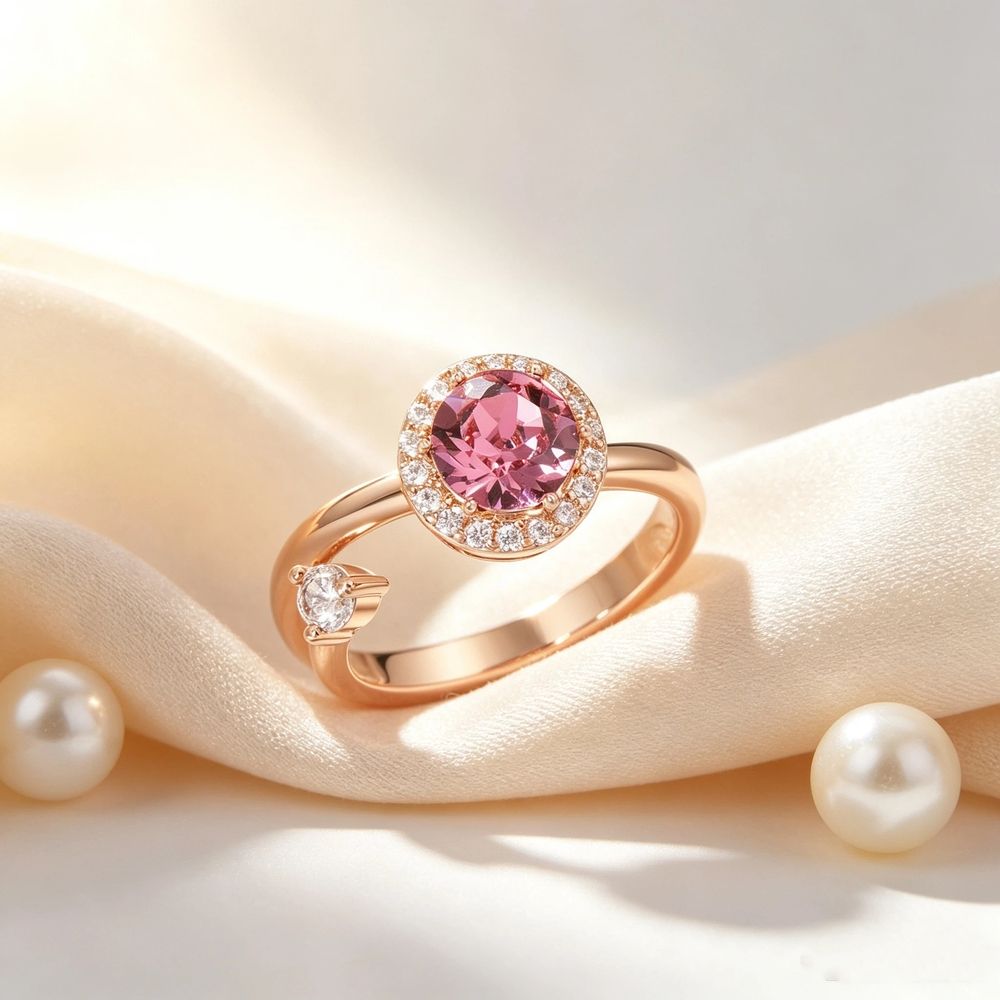 Two personalized women's birthstone rings with crystal accents, open design, perfect for matching and fashion styling.