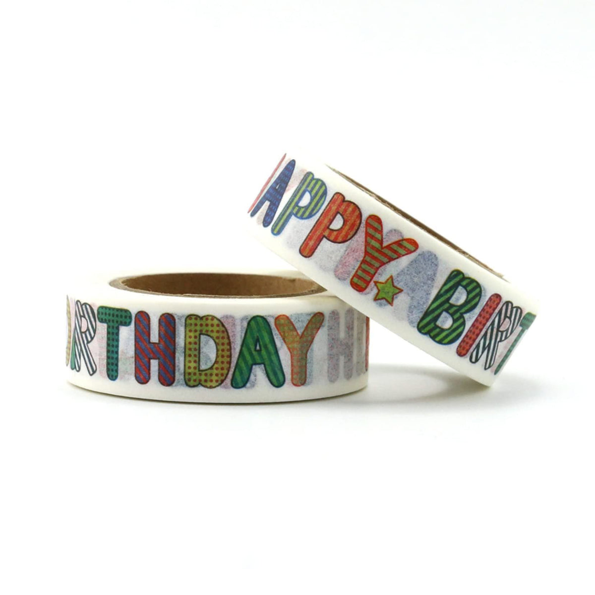 Two rolls of decorative masking tape for crafts and cake decorations, featuring birthday-themed designs, suitable for DIY projects.
