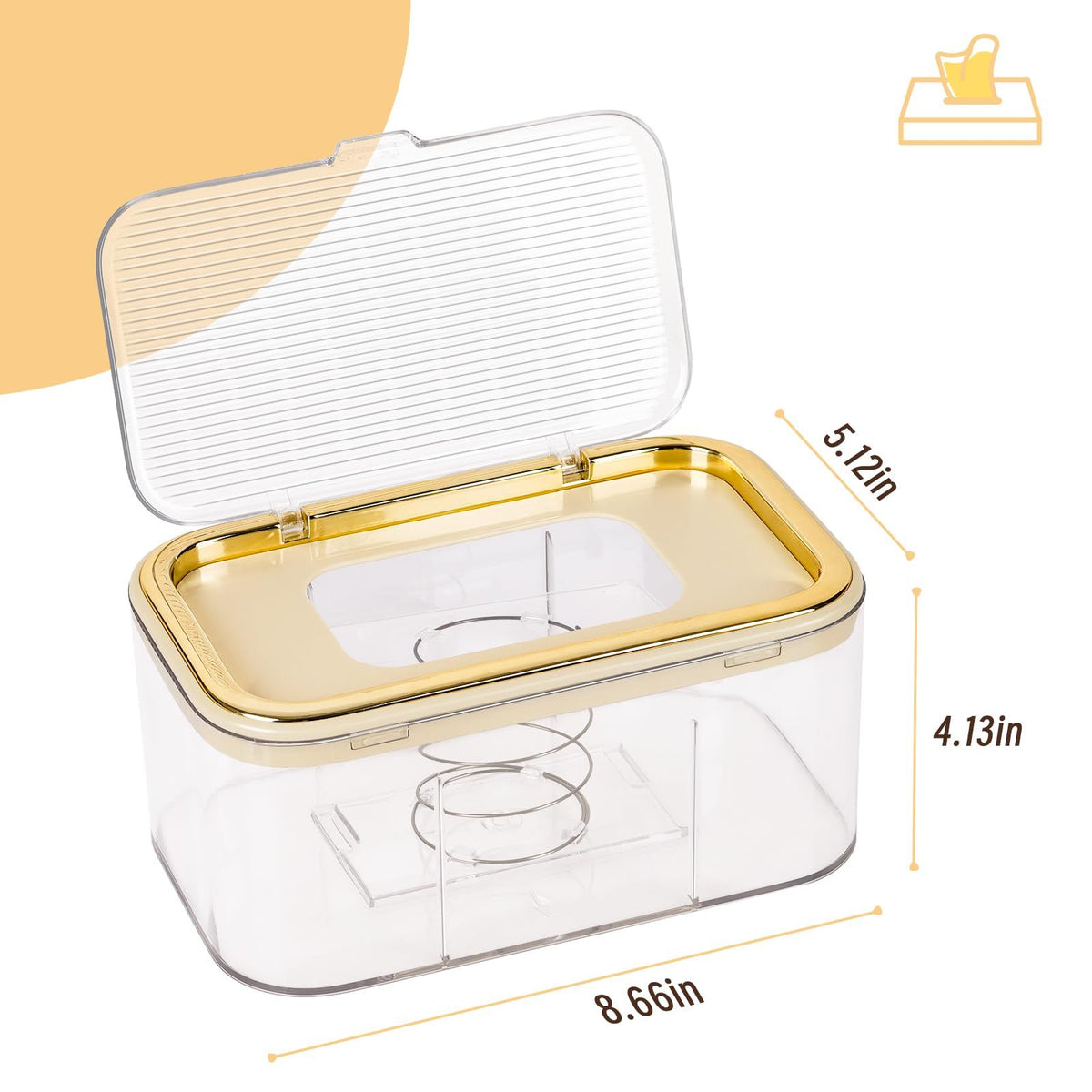 Gold baby wipes dispenser from Everything Baby with large capacity, easy-open lid, keeps wipes fresh in a sleek nursery accessory.