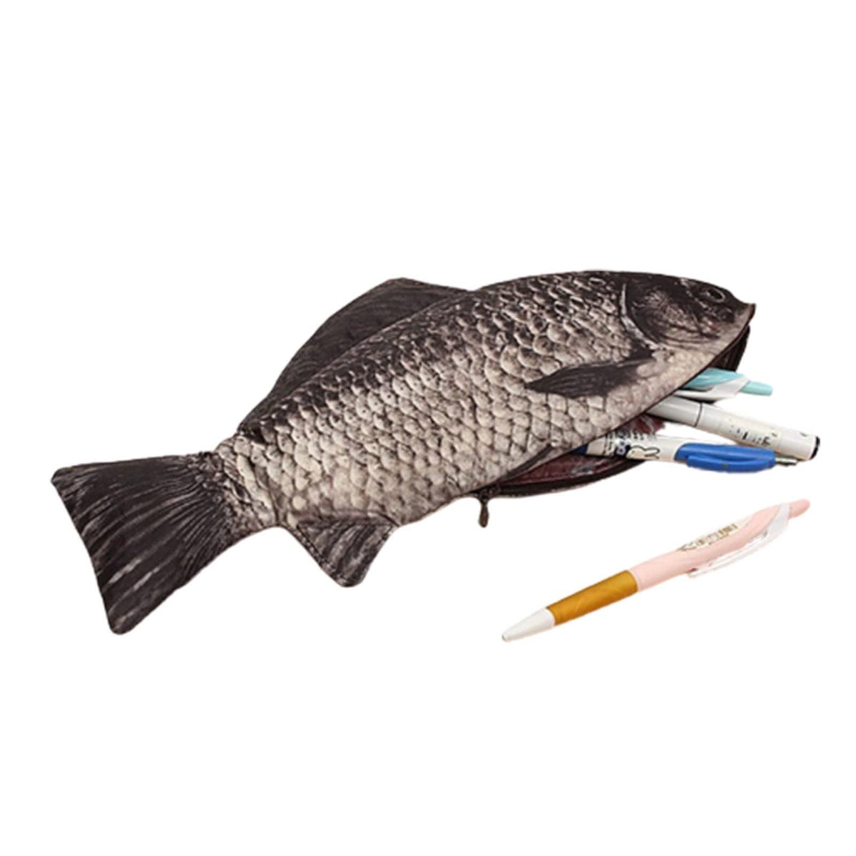 Fish-shaped pencil case by Everything Baby, soft zipper coin wallet and storage bag designed for kids, realistic fish design.