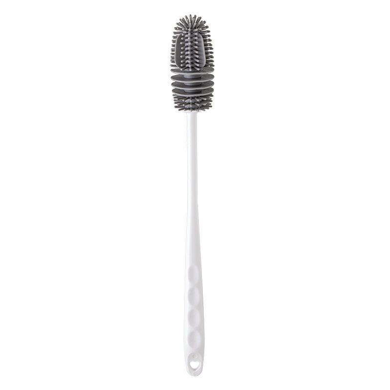 Silicone washing cup brush with long handle for baby bottles and cups, designed for thorough cleaning without dead corners.