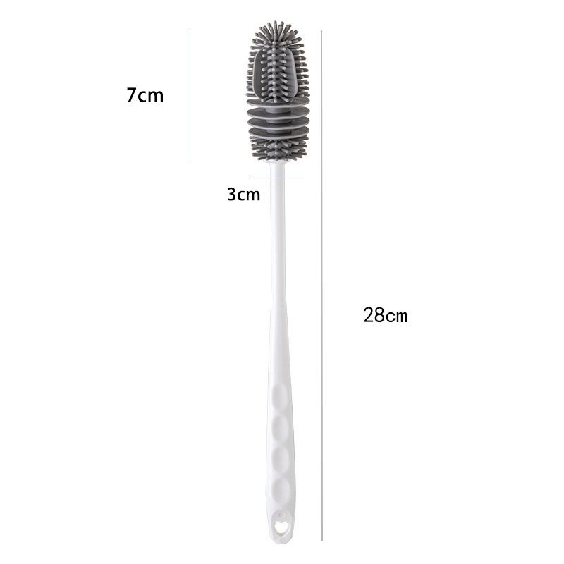 Silicone baby bottle brush with long handle for thorough cleaning, no dead corners, ideal for baby bottles and cups.