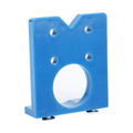 Blue 35mm plastic hinge hole positioner and jig for woodworking, used to drill precise hinge placements on doors and cabinets.