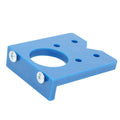 Blue 35mm plastic hinge hole positioner and drilling jig for cabinets, used in woodworking and door installation.