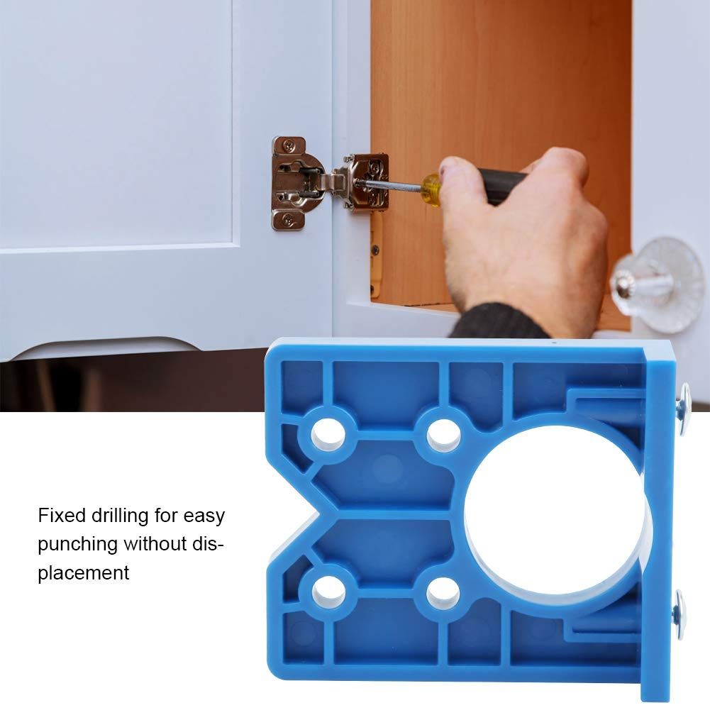 Blue 35mm plastic hinge hole positioner and drilling jig for cabinet doors, used for woodworking and door installation.
