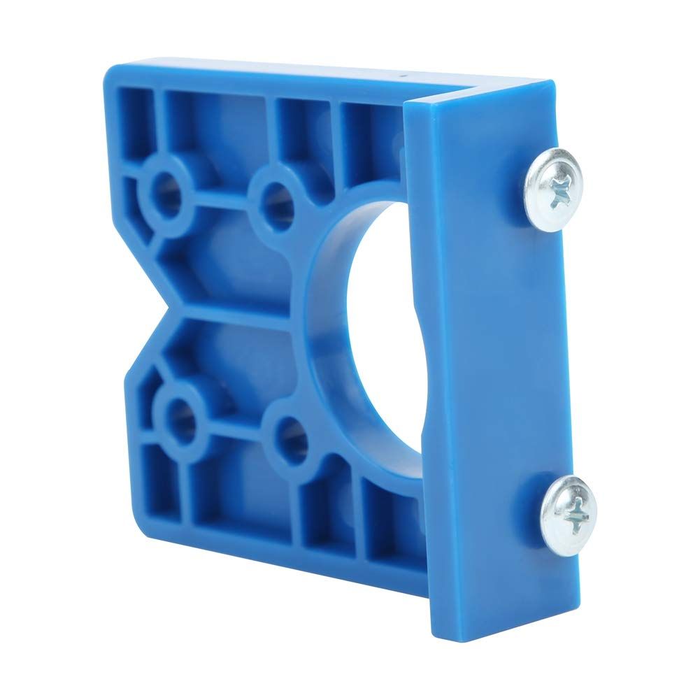 Blue 35mm plastic hinge hole positioner for cabinet doors, woodworking jig guide for precise drilling, designed for DIY furniture projects.