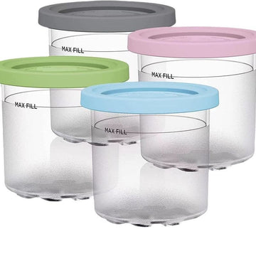 Colorful ice cream storage jar with dishwasher-safe lid in transparent, gray, pink, and water green, ideal for kids' lunch boxes.