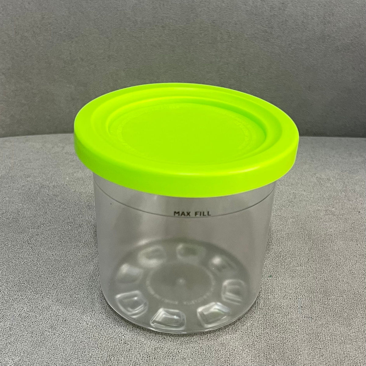 Ice cream storage jar with dishwasher washable colorful lid, transparent gray, pink, water green, and stone gray by Everything Baby.