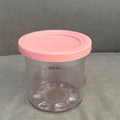 Colorful ice cream storage jar with dishwasher-safe, transparent and colored lid in gray, stone gray, pink, and water green for kids.