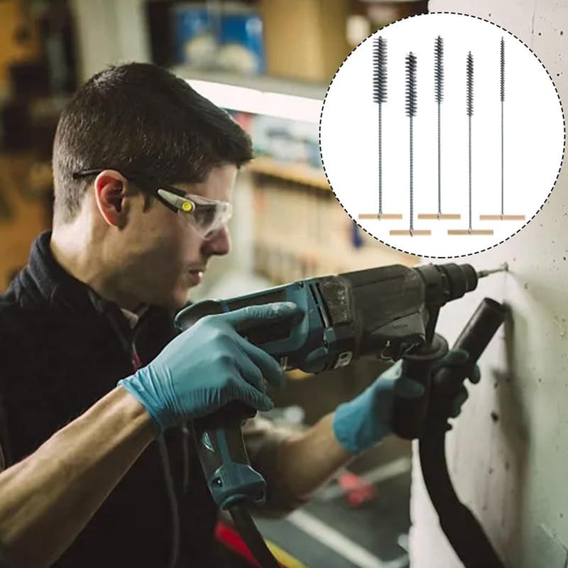 Set of five stainless steel drill hole brushes in various sizes, ideal for cleaning and maintenance with hammer drills.