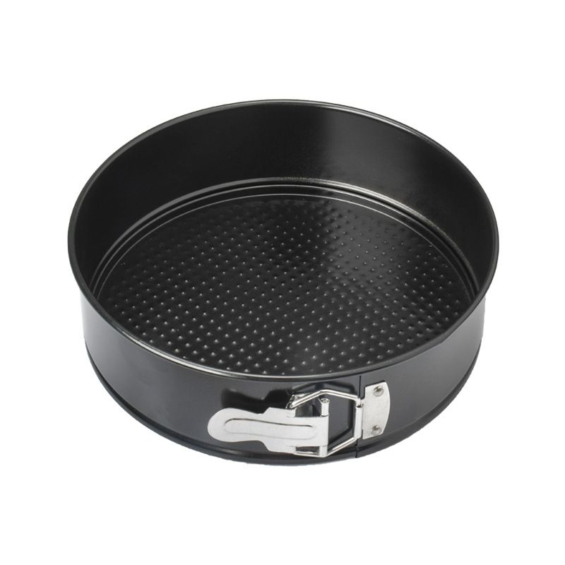 Stainless steel spring baking tray with detachable base and non-stick surface for pretend play baking activities in baby and kid's toy set.