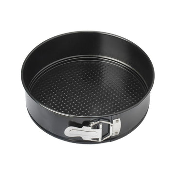 Stainless steel spring baking tray with detachable base and non-stick surface for pretend play baking activities in baby and kid's toy set.