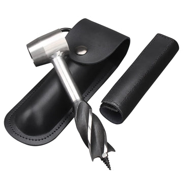 Wooden outdoor hand drill tool set for kids, including support roller drill, used for jungle survival and outdoor play activities.