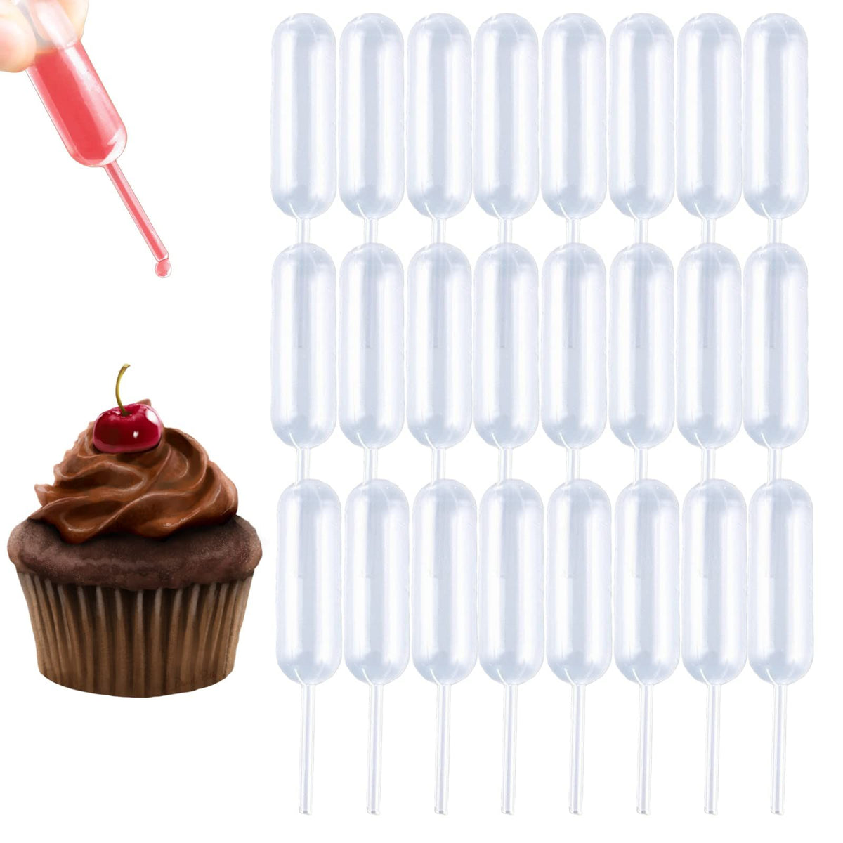 Set of 50 plastic cupcake pipettes with 4ml squeeze droppers, ideal for liquid transfer and decoration in baking and kids' nursing.