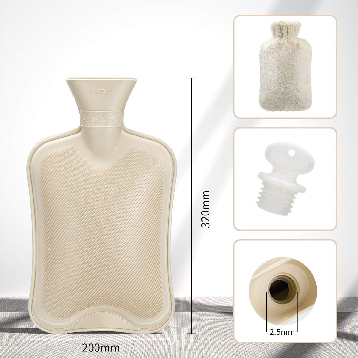 Rubber hot water bottle with soft cover, 2-liter capacity, for pain relief and comfort, used in baby and kids health and nursing.