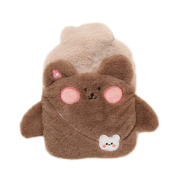 Brown cartoon hot water bottle with plush cover, portable hand warmer, designed for kids, featuring cute, soft plush and water injection.