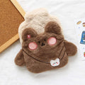 Brown cartoon hot water bottle with plush cover, adorable design, portable hand warmer, perfect for kids and babies.