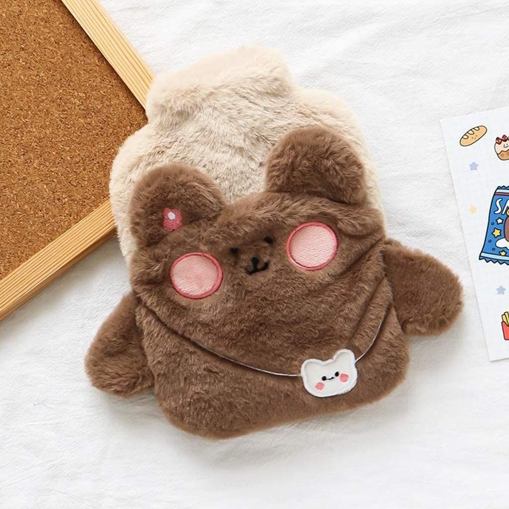 Brown cartoon hot water bottle with plush cover, adorable design, portable hand warmer, perfect for kids and babies.
