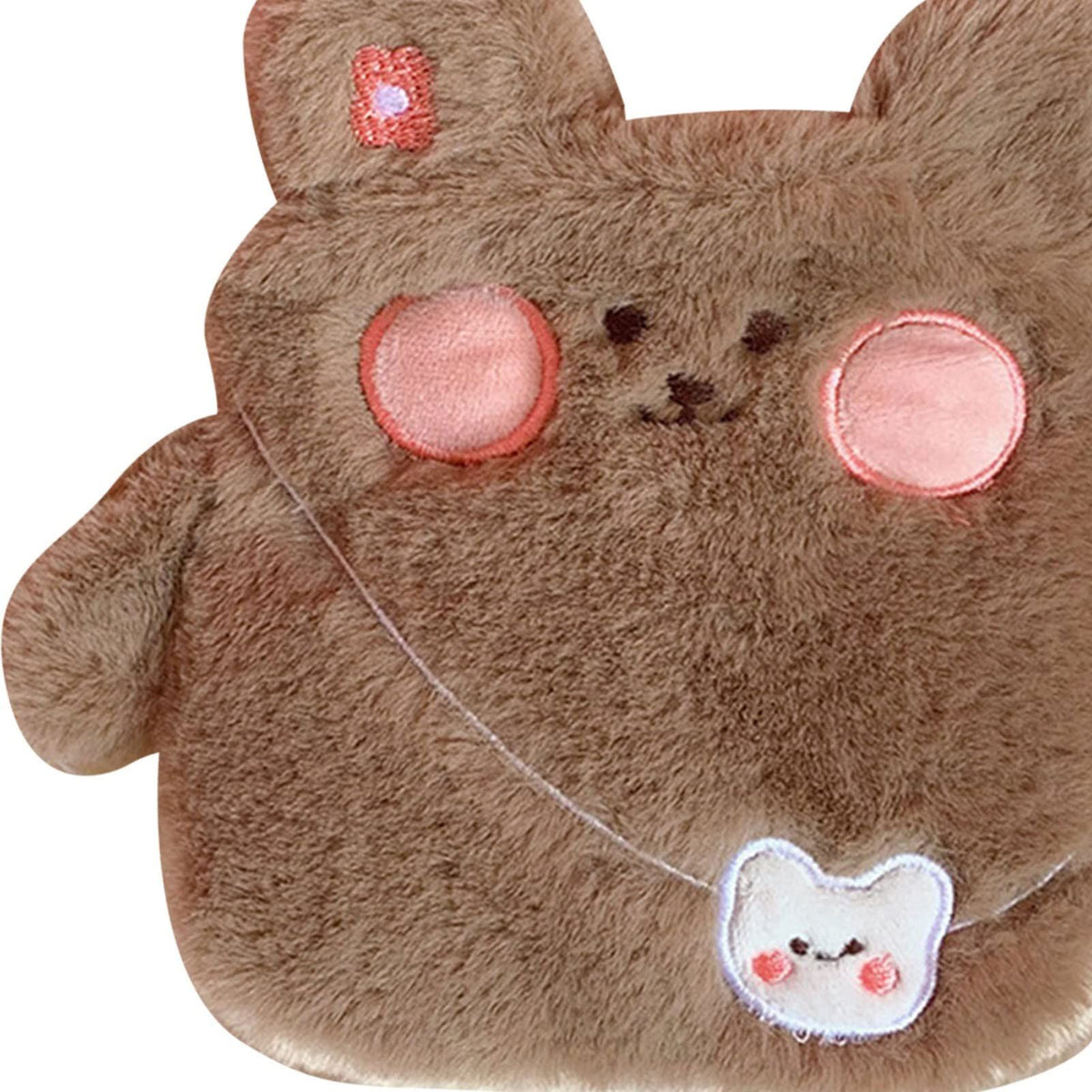 Brown cartoon hot water bottle with plush cover, portable hand warmer, water injection, anti-scalding design for kids.