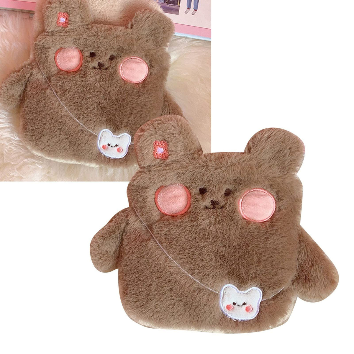 Brown cartoon hot water bottle with plush cover, portable hand warmer, suitable for kids, by Everything Baby.