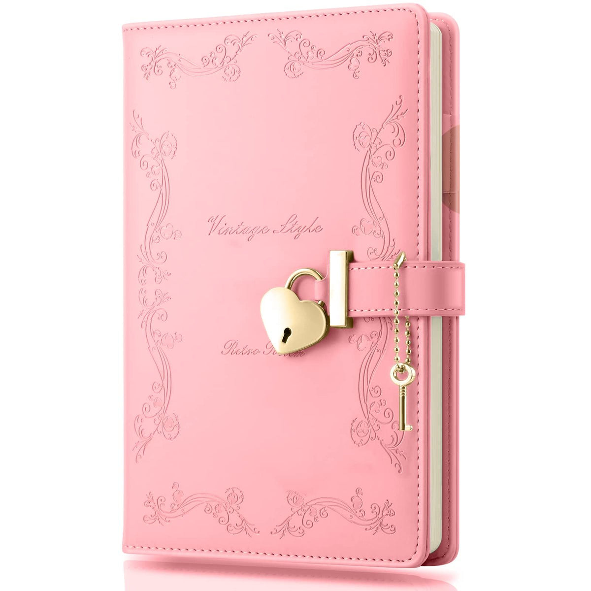 Pink girls' diary with a heart-shaped lock and key, refillable leather journal for teens, featuring cute design and playful details.