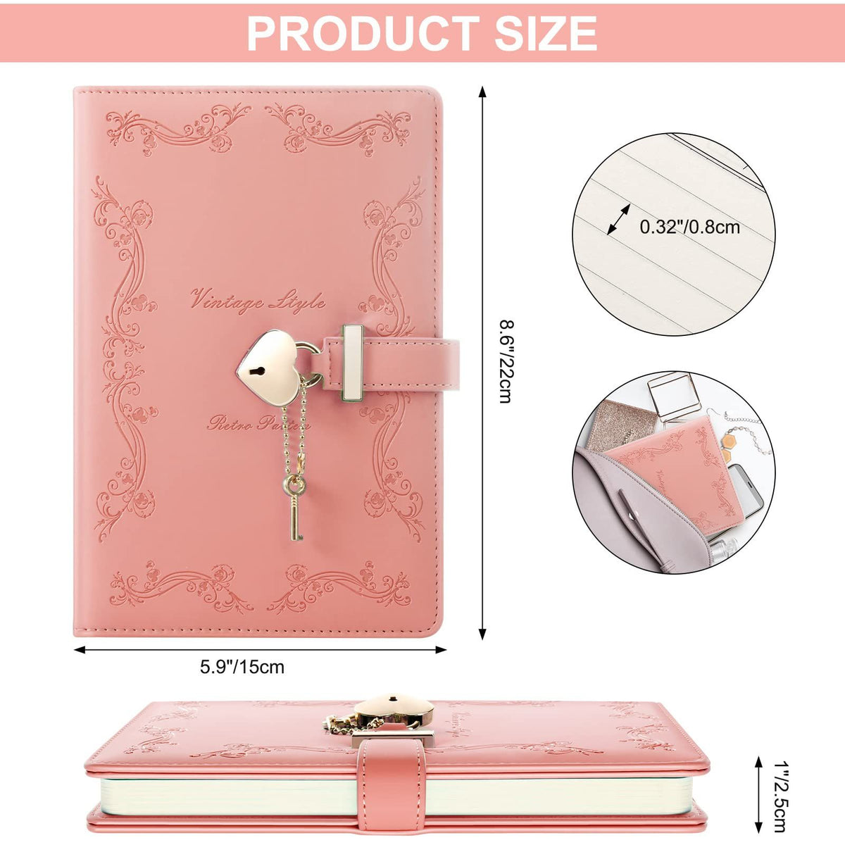 Pink girls' diary with heart-shaped lock and key, refillable leather journal for teens, featuring cute design and toy-like appeal.