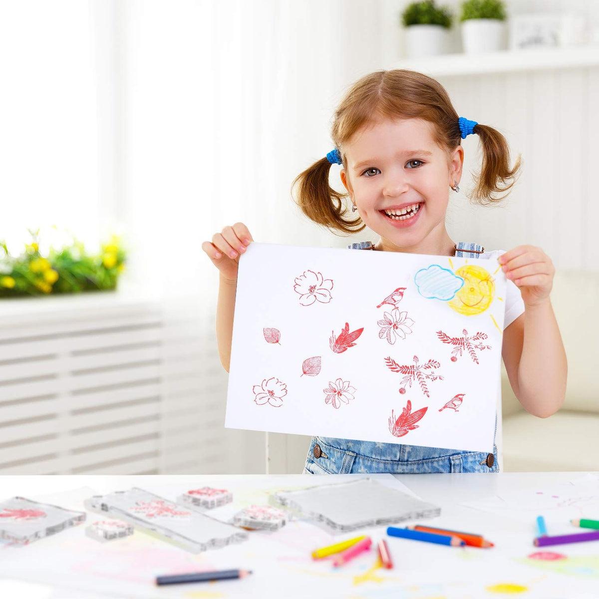 Set of 7 acrylic stamping blocks with grid and grip, designed for kids' scrapbooking and decorative stamping projects.