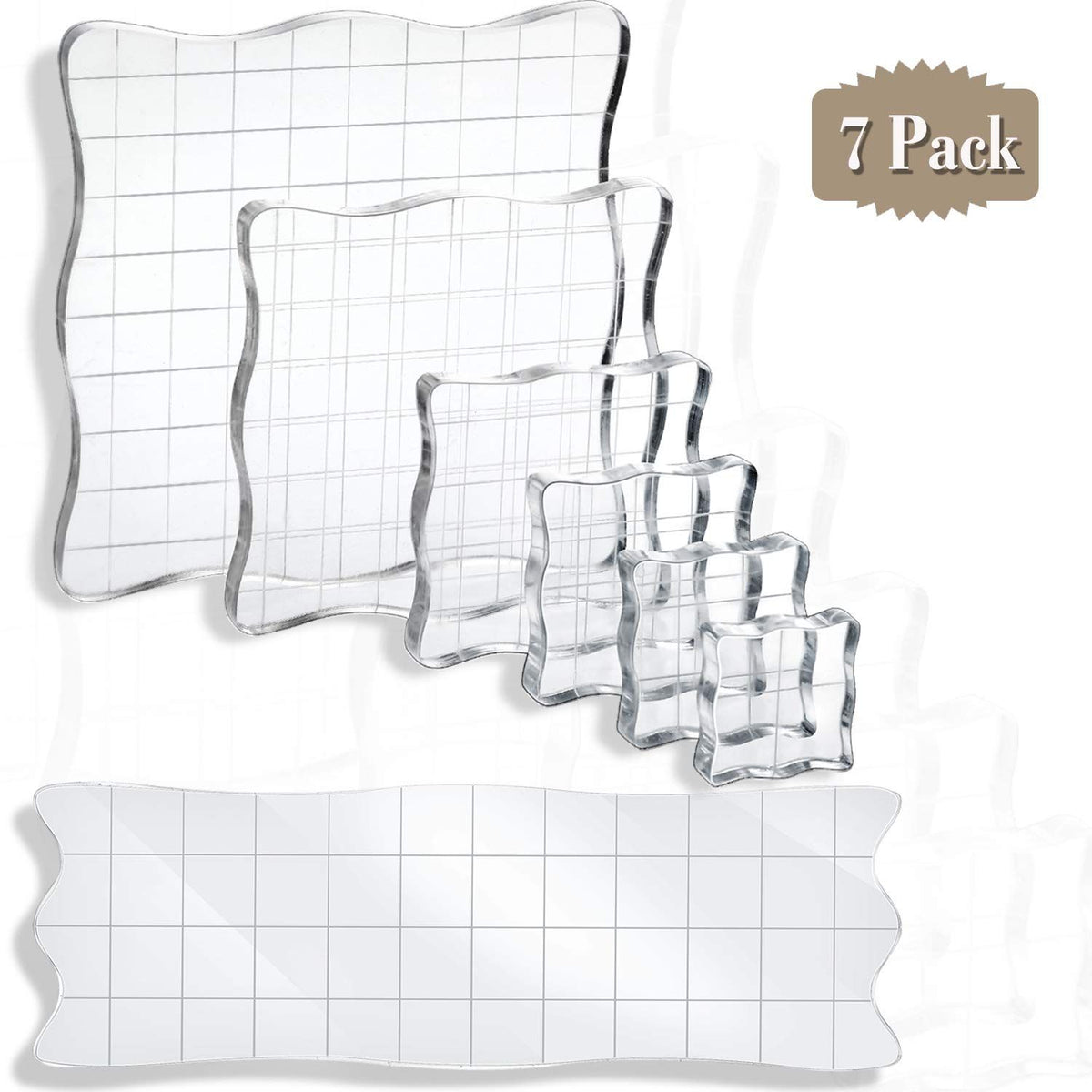 Seven acrylic stamp blocks set with grid and grip for clear stamping, ideal for kids' scrapbooking and decorative stamping projects.