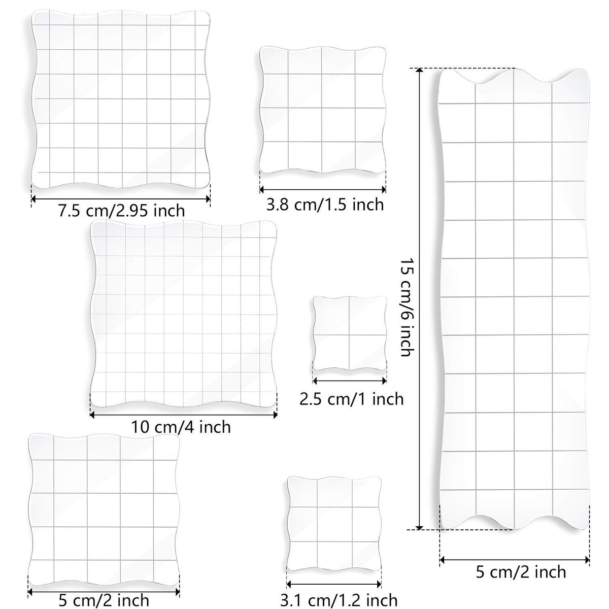 Set of 7 clear acrylic stamp blocks with grid and grip, ideal for stamping and scrapbooking, designed for kids and decorative craft projects.
