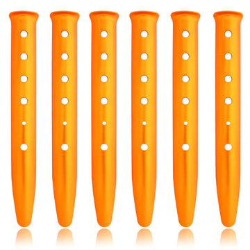 Lightweight aluminum U-shaped snow and sand tent stakes for camping and outdoor activities, suitable for camping, hiking, and backpacking.
