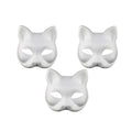 Three white DIY cat masks for kids, animal half face masks for pretend play, cosplay, and Halloween costumes.