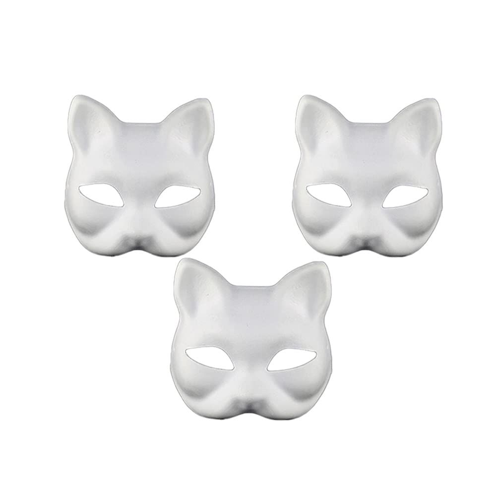 Three white DIY cat masks for kids, animal half face masks for pretend play, cosplay, and Halloween costumes.