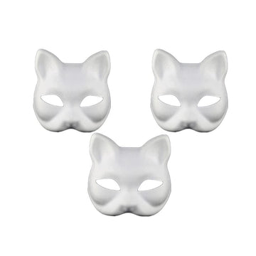 Three white DIY cat masks for kids, animal half face masks for pretend play, cosplay, and Halloween costumes.