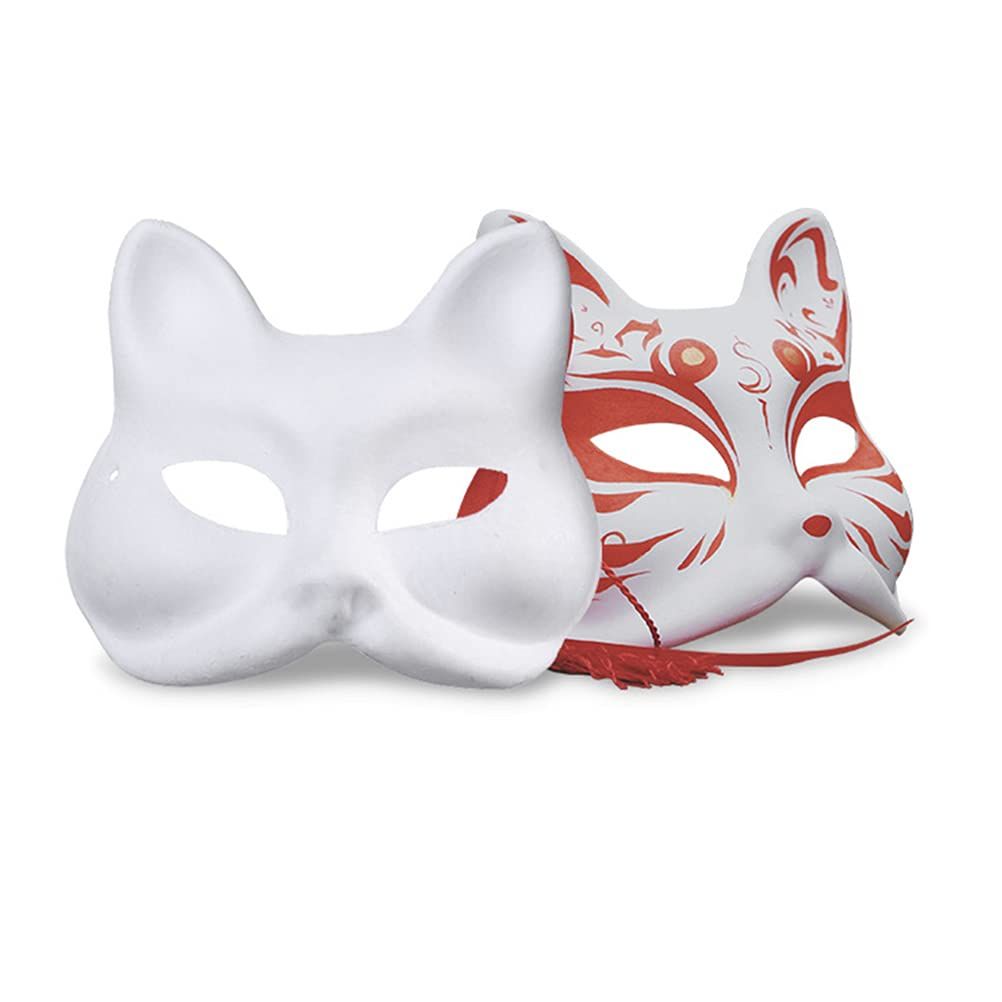 Three white cat masks for kids, blank DIY Halloween animal half face masks for pretend play, cosplay, and masquerade parties.