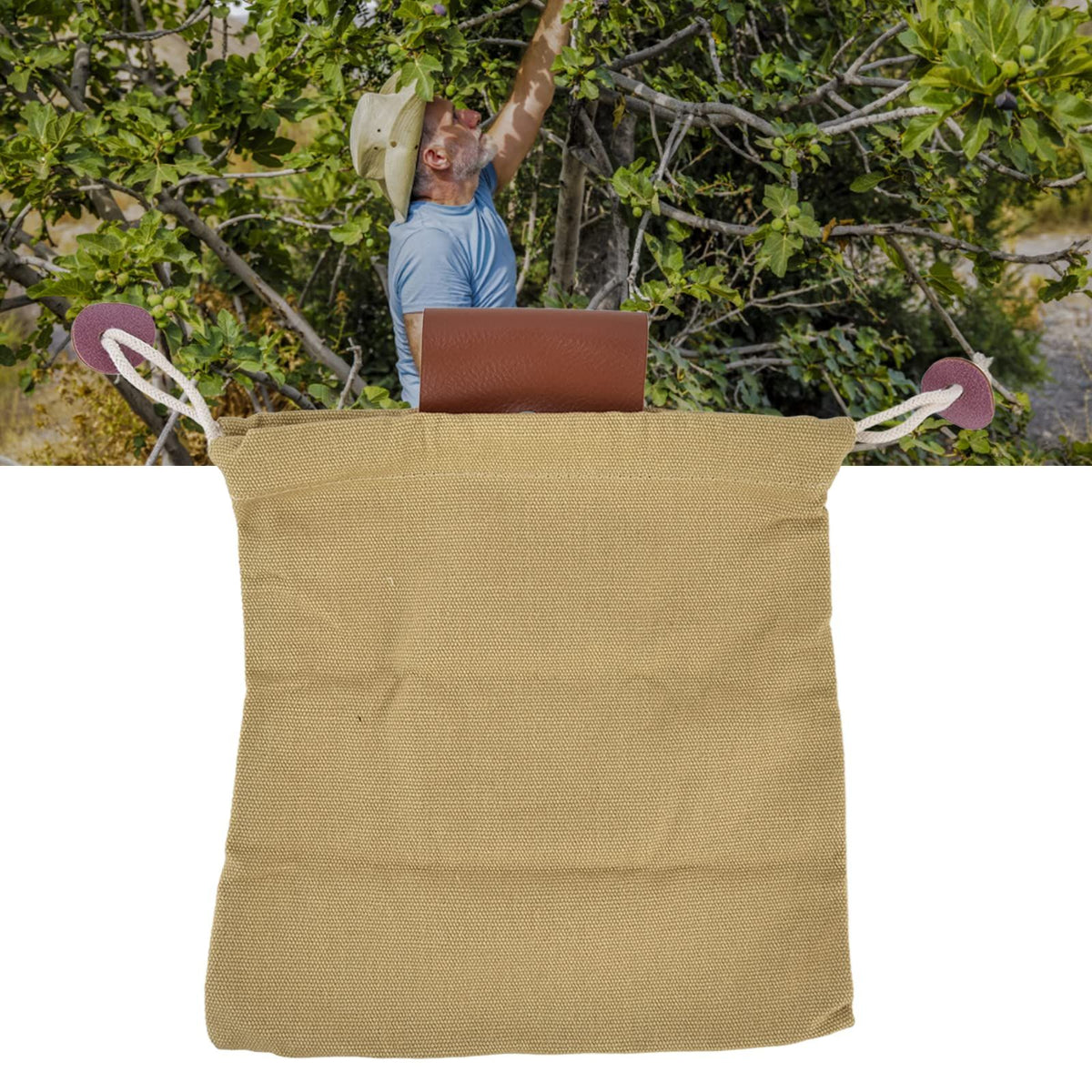 Foldable canvas fruit collecting bag with adjustable waist belt, lightweight harvest tote for camping and foraging, by Everything Baby.