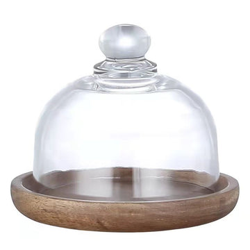 Mini glass dessert dome with base, decorative cake tray for display or pretend play, suitable for kitchen or toy collection.