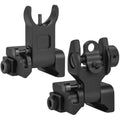 Foldable flat-top co-witness iron sights for tactical rifles, compatible with dot sights, featuring foldable front and rear sights.