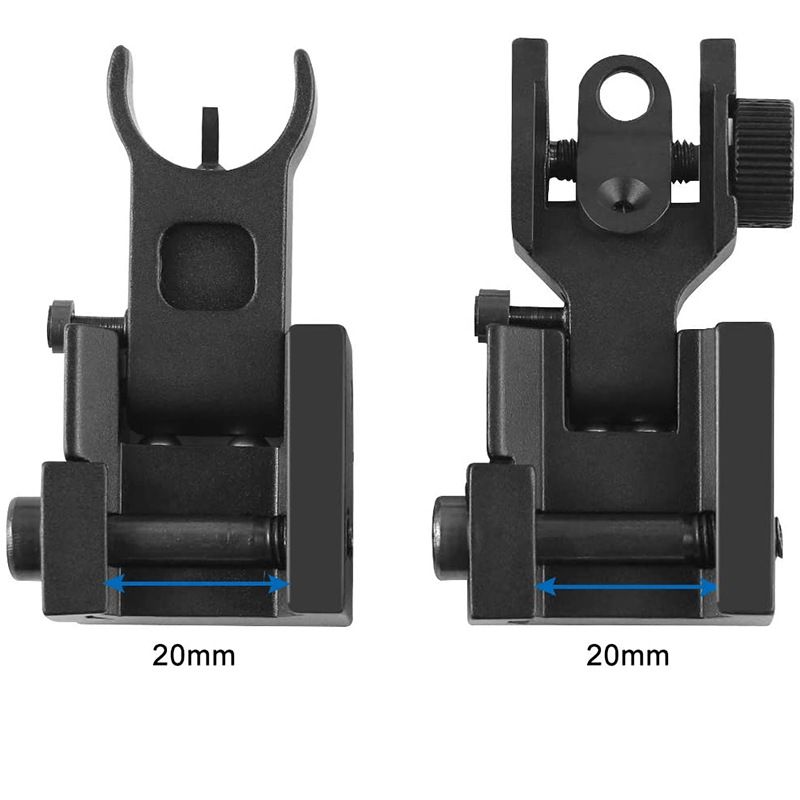 Flip up iron sights for toy guns, includes front and rear foldable co-witness sights, compatible with dot sight accessories.