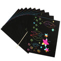 Set of 10 rainbow scratch paper art pads with black coating, colorful drawing sheets and craft supplies for kids' art projects.