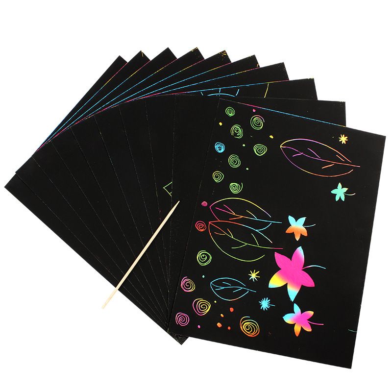 Set of 10 rainbow scratch paper art pads with black coating, colorful drawing sheets and craft supplies for kids' art projects.