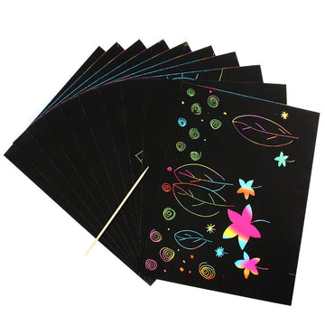 Set of 10 rainbow scratch paper art pads with black coating, colorful drawing sheets and craft supplies for kids' art projects.