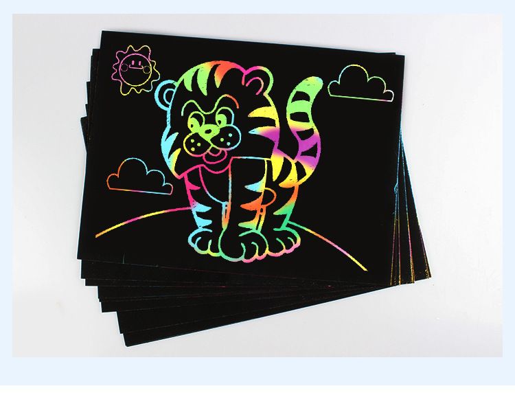 Set of 10 rainbow scratch paper art pads for kids, featuring black scratch drawing sheets and craft supplies for creative projects.