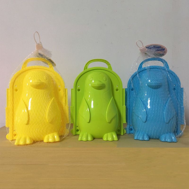 Three penguin-shaped snowball maker toys for kids, outdoor winter snow mold and sand mold, ideal for winter play and snowball fun.