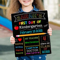 Double-sided 12x10 inch wooden first day of school board sign for kids, reusable chalkboard for back-to-school supplies.