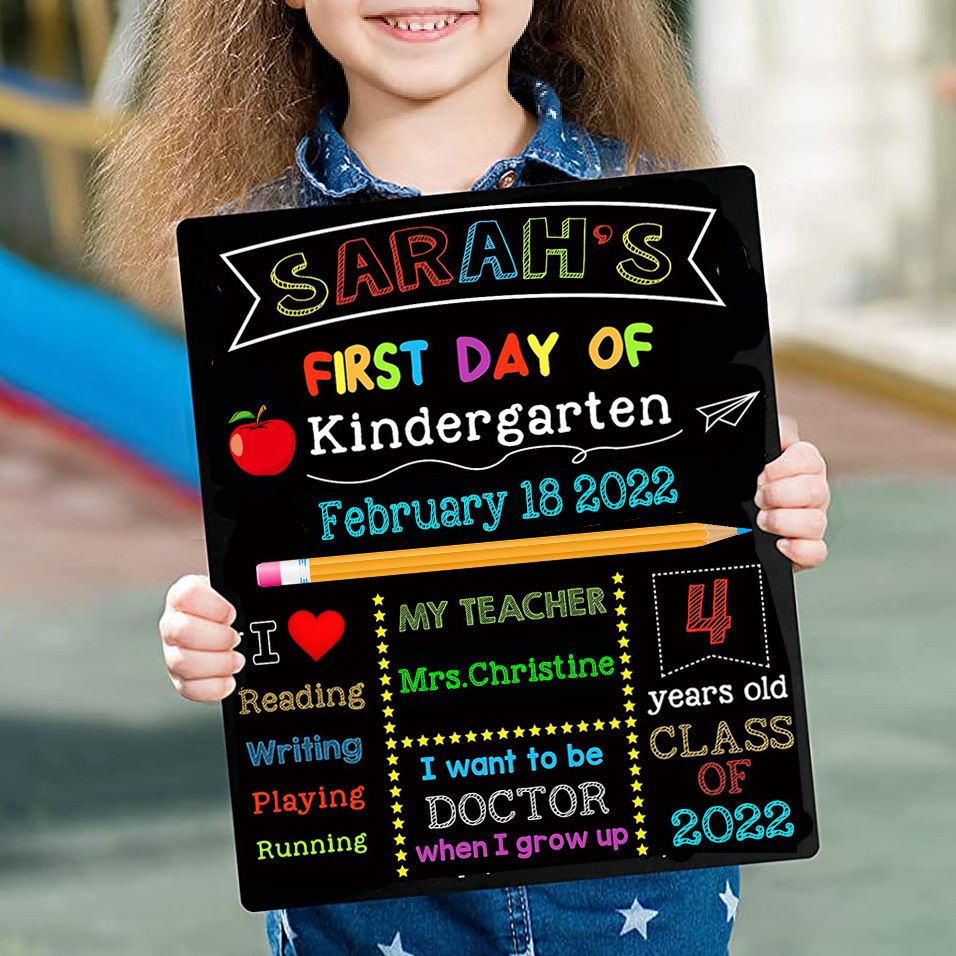 Double-sided 12x10 inch wooden first day of school board sign for kids, reusable chalkboard for back-to-school supplies.
