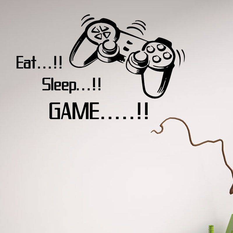 Removable game-themed wall decals with "Eat Sleep Game" quote for kids' bedrooms and play areas, suitable for boys and gamers.