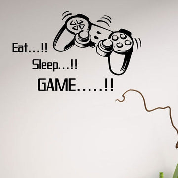 Removable game-themed wall decals with "Eat Sleep Game" quote for kids' bedrooms and play areas, suitable for boys and gamers.