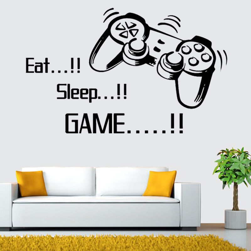 Game wall decals with "Eat Sleep Game" quote for kids' bedrooms and playrooms, featuring removable stickers for gamers and kids.