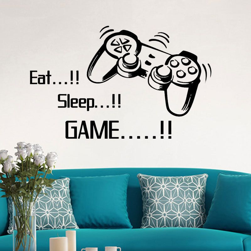 Removable game-themed wall decals with "Eat Sleep Game" quote for kids' rooms, featuring bright colors and playful design by Everything Baby.
